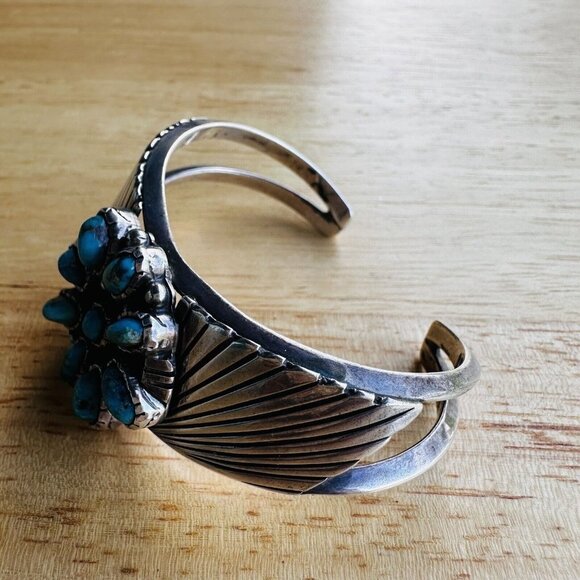 Vintage Navajo Stamped Tom Sterling Silver 9 Turquoise Cabs Cuff Bracelet Deco‎ - Picture 7 of 12